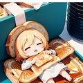 朝食のトーストの上で眠る可愛い少女 5枚目