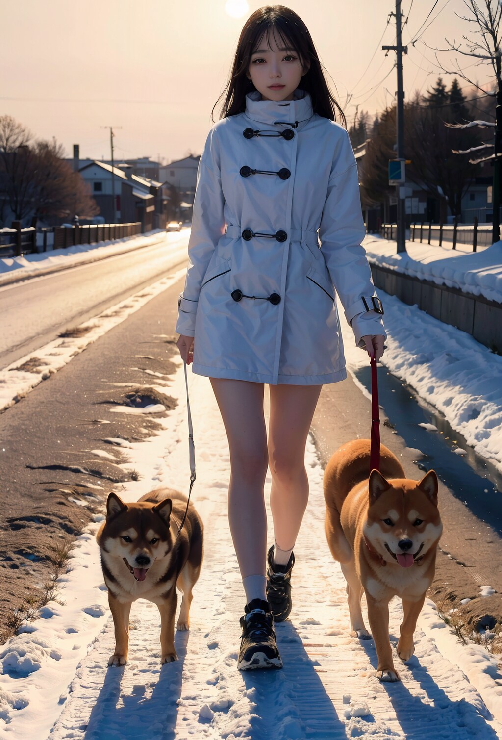 夕暮れ時の犬の散歩