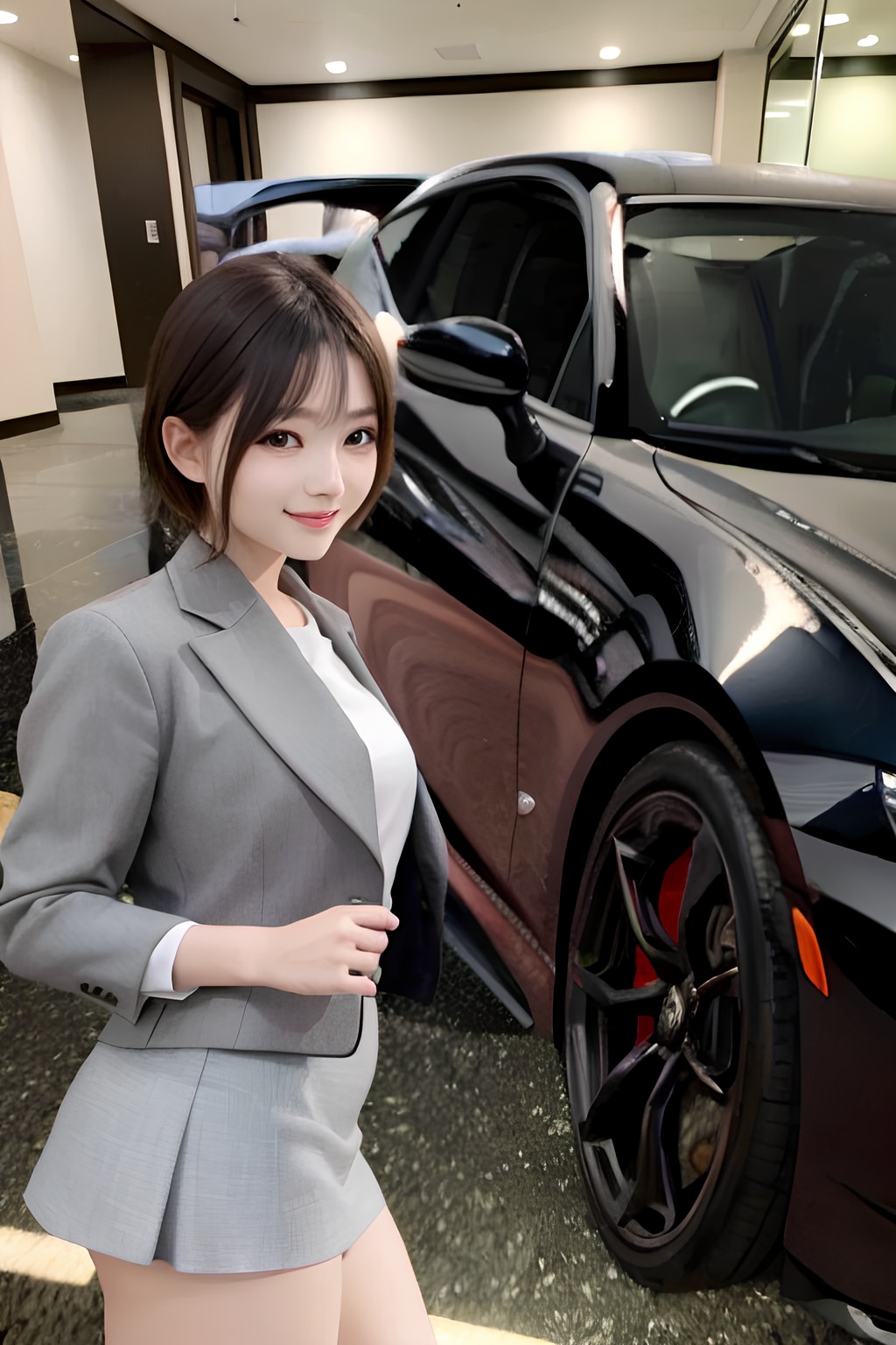 車の内装を熱心に紹介するあまり、自分自身の内装まで見られてしまっている事に気づかない美人ディーラー。