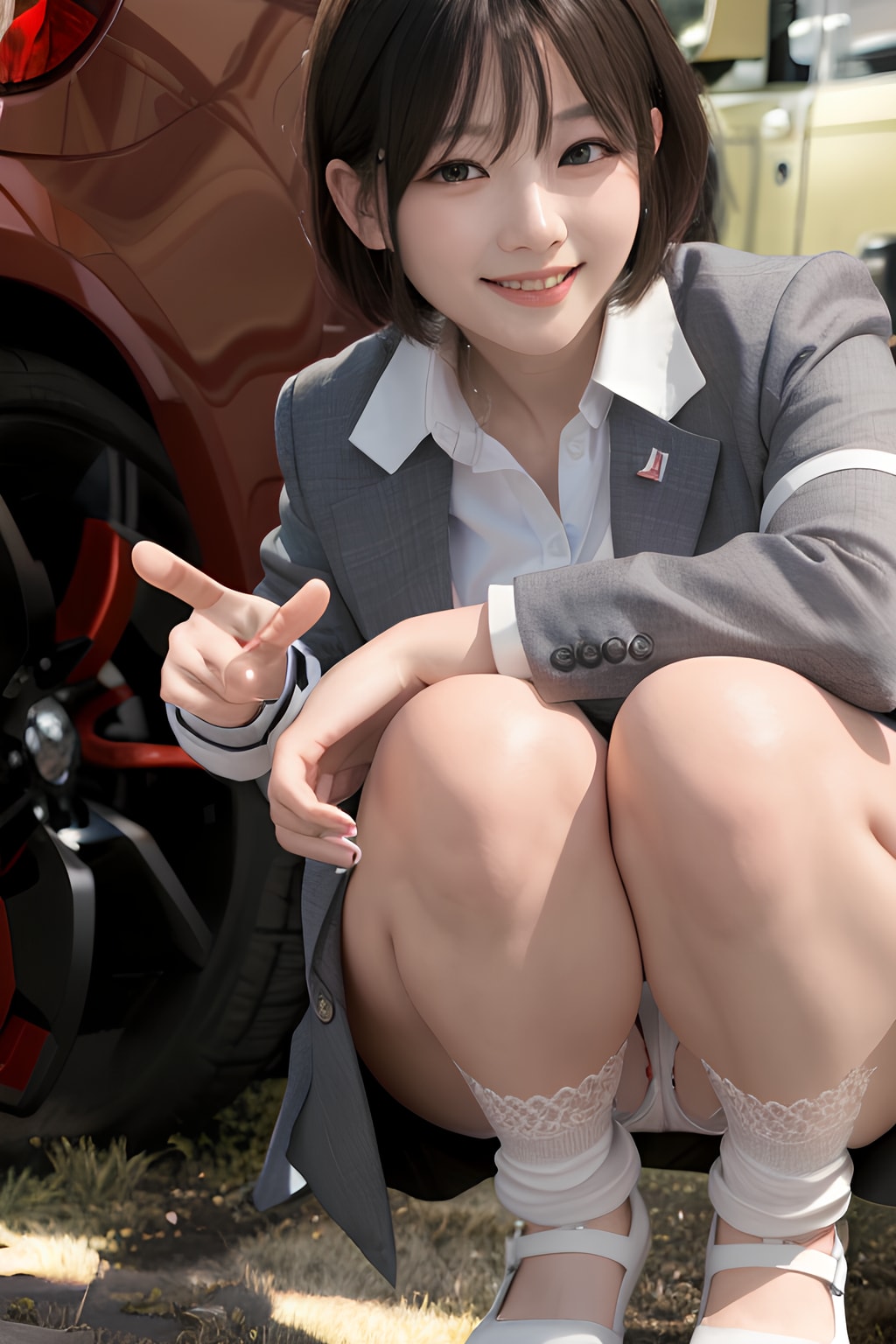 車の内装を熱心に紹介するあまり、自分自身の内装まで見られてしまっている事に気づかない美人ディーラー。