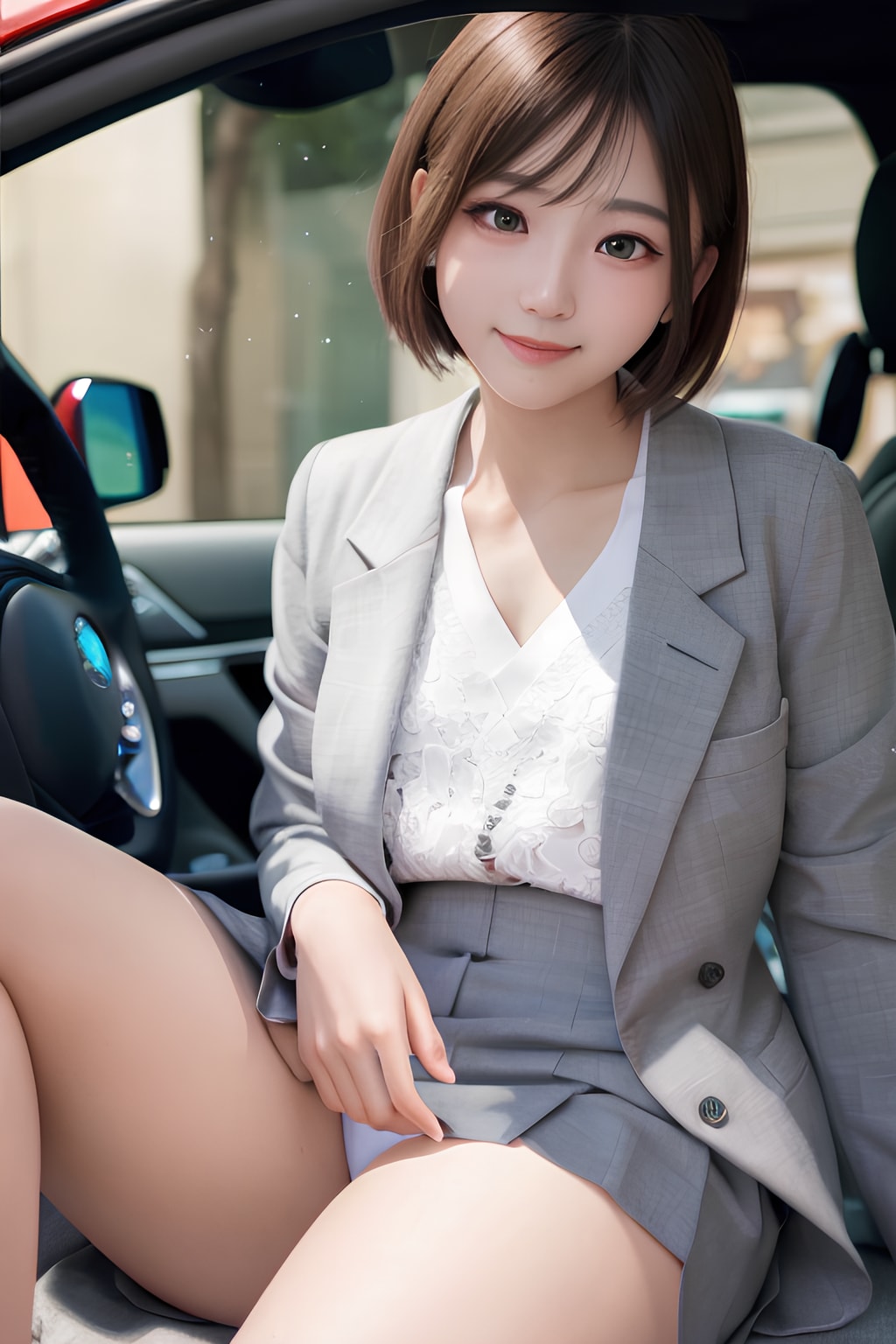 車の内装を熱心に紹介するあまり、自分自身の内装まで見られてしまっている事に気づかない美人ディーラー。