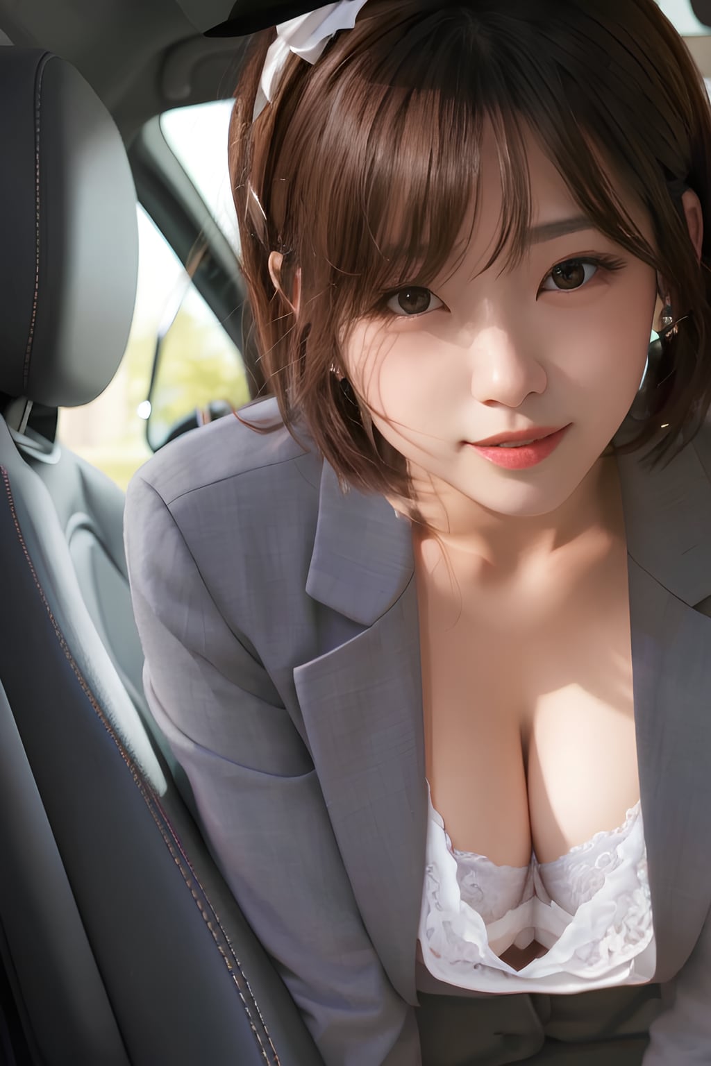 車の内装を熱心に紹介するあまり、自分自身の内装まで見られてしまっている事に気づかない美人ディーラー。