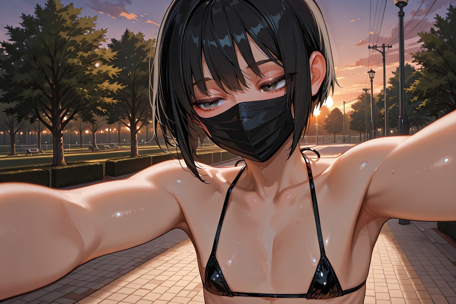 夕方の公園でマイクロビキニで自撮りをする男の娘