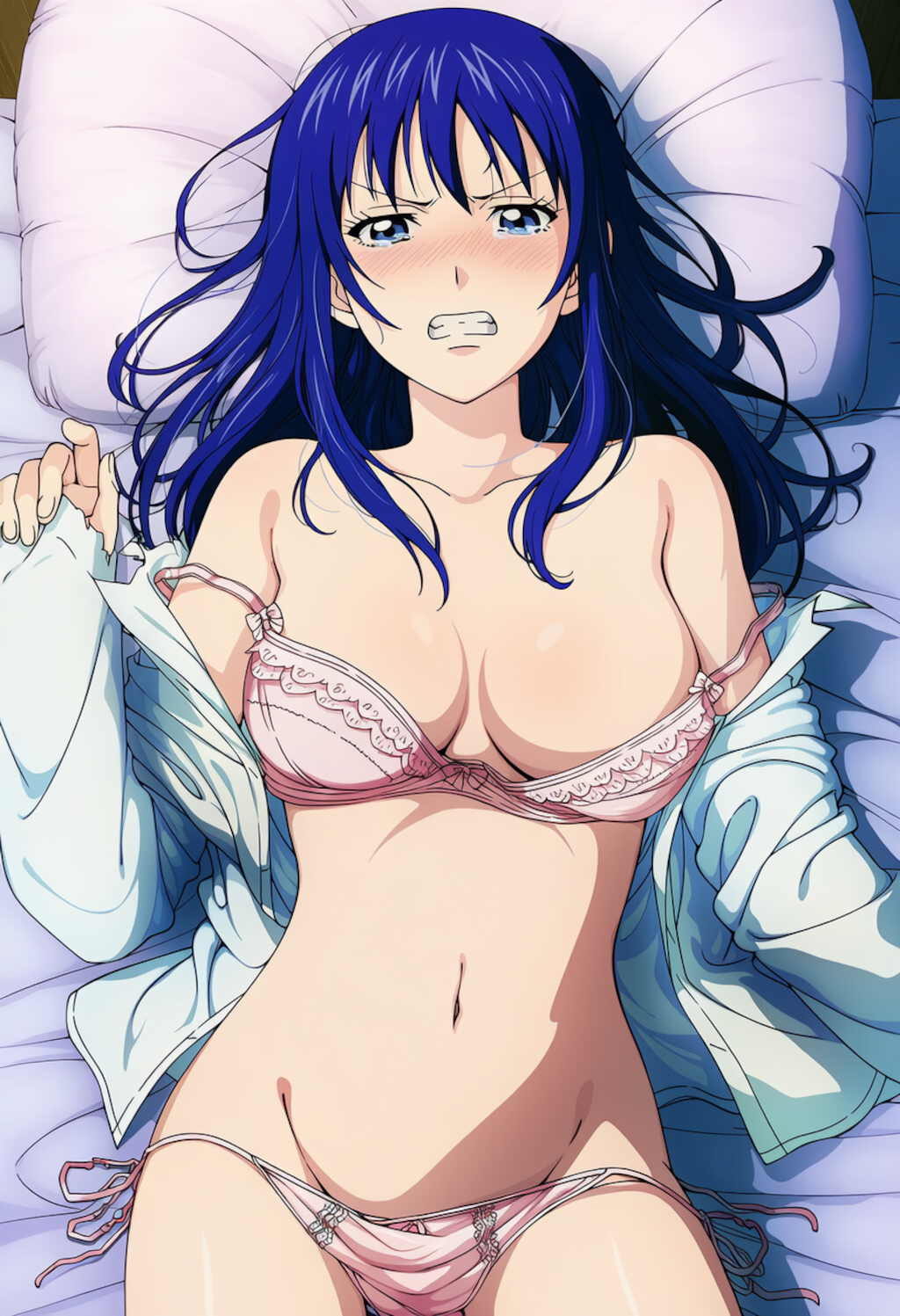 ベッドの上で睨む照橋さん