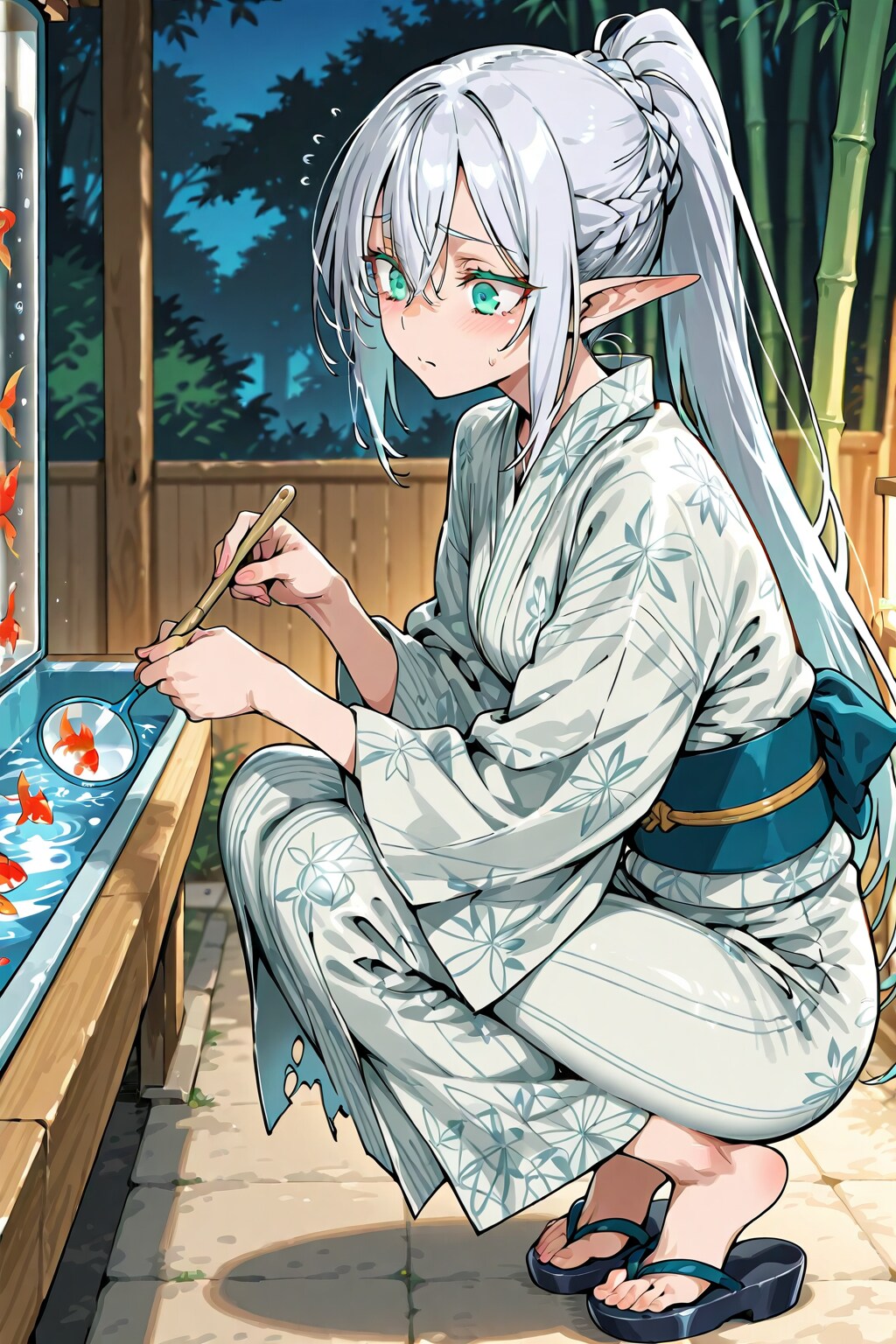 しゃがんで恐る恐る金魚すくいをしている銀髪エルフの女の子