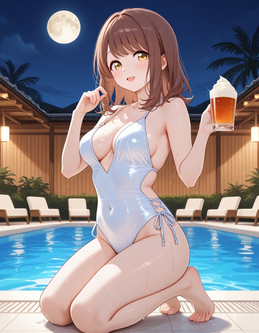 モノキニでお茶を飲む心実(PixAI版)