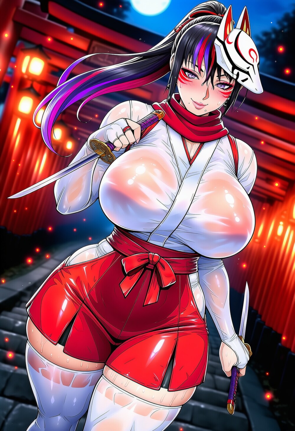 神社狐面巫女コスプレ人妻