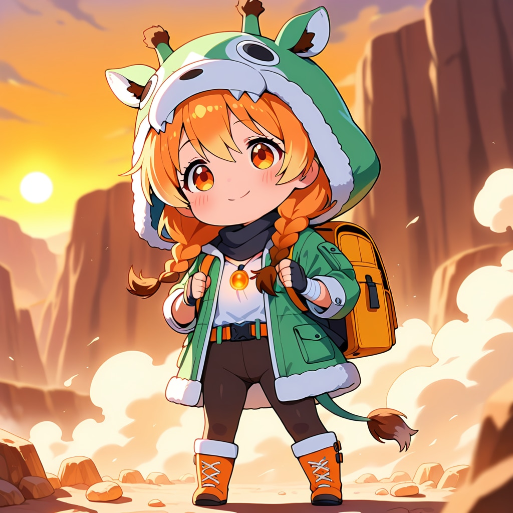 岩砂漠を旅するアニマルフーディーちび子ちゃんとキリン着ぐるみちび子ちゃん