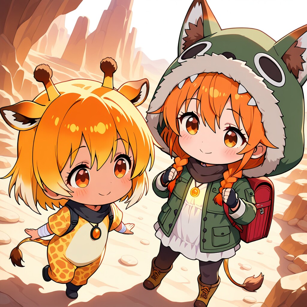 岩砂漠を旅するアニマルフーディーちび子ちゃんとキリン着ぐるみちび子ちゃん