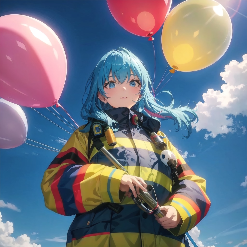 色とりどりの風船を持つ水色髪ロングの消防士の美女 | の人気AIイラスト・グラビア