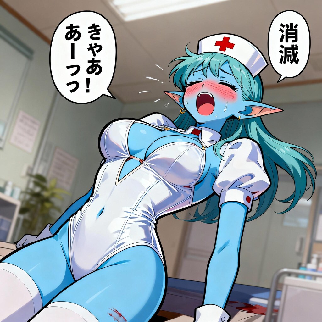 Seedream4.0でハイレグ女怪人やられ♪・・（倒されたのはハイレグナース型女怪人ちゃん、2枚目は悲鳴もよくできてる？）