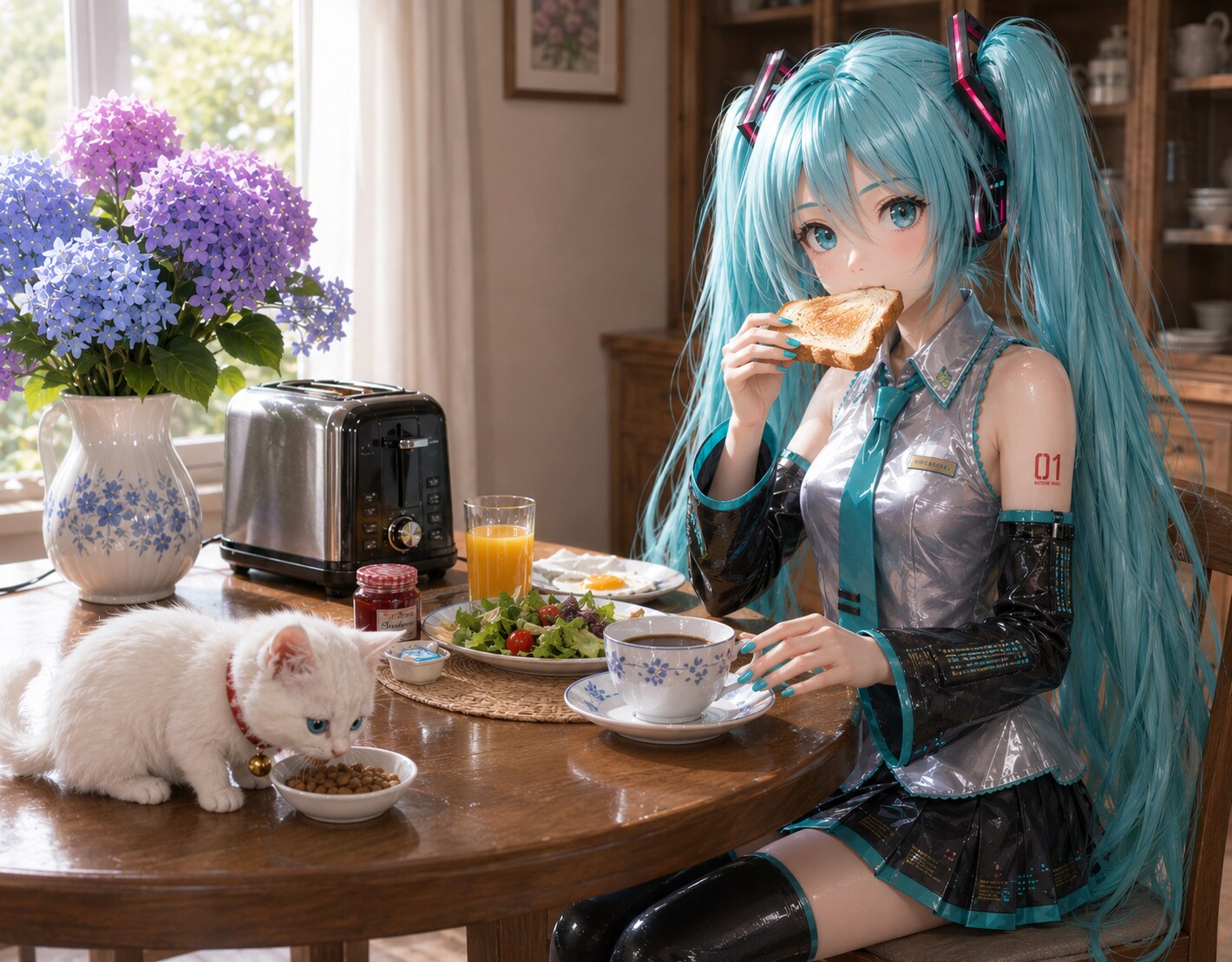 ねこたんと朝食するミクさん