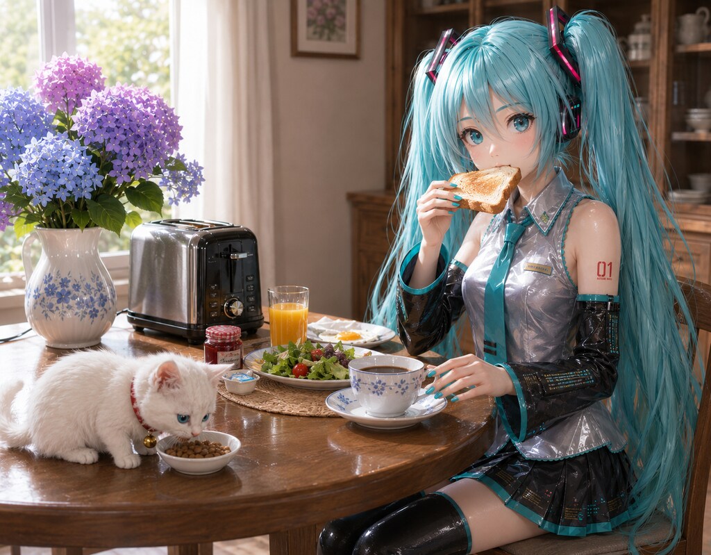 ねこたんと朝食するミクさん