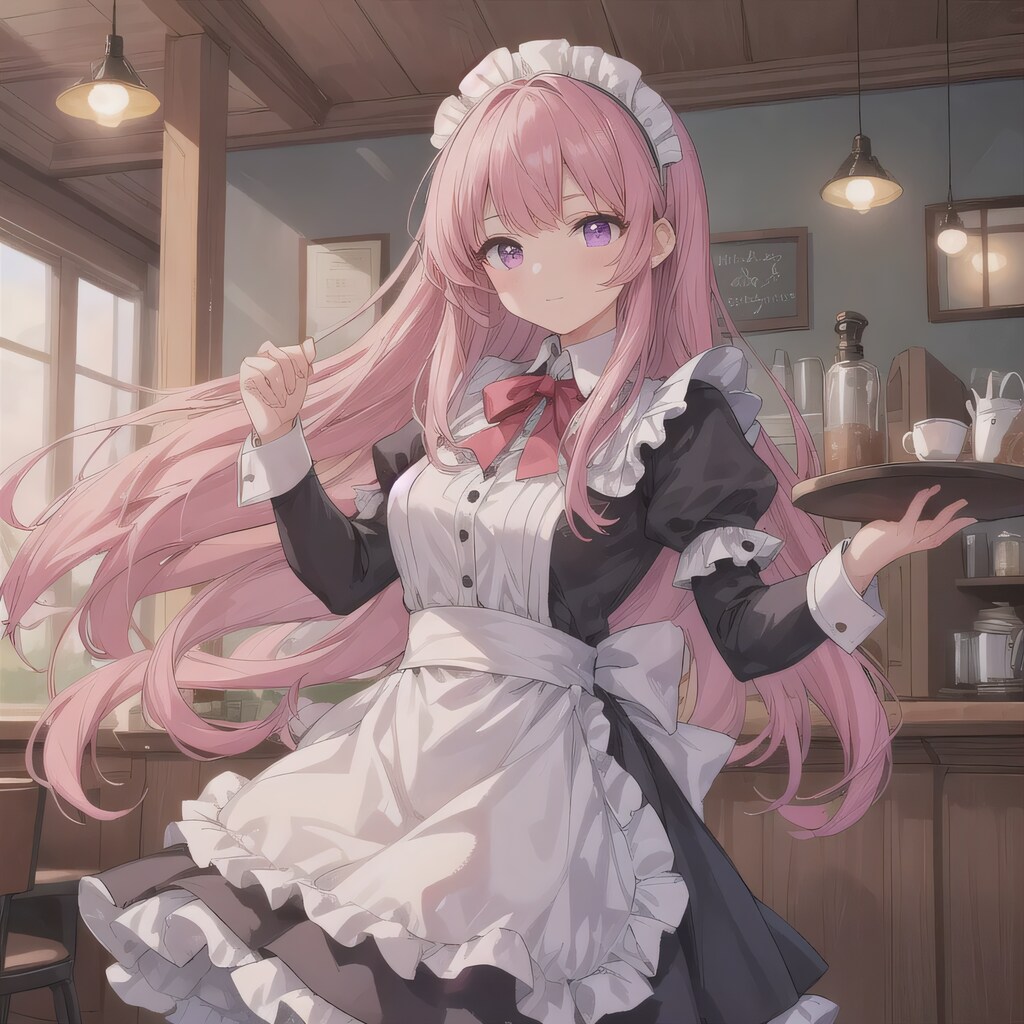 ピンク髪ロングでカフェの少女