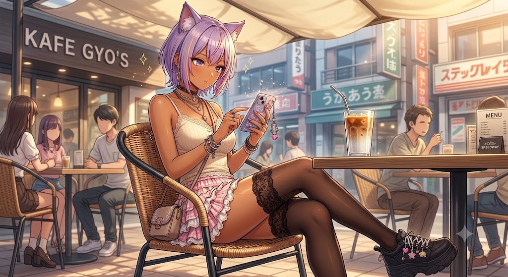 カフェでスマホいじる日焼けギャルのシス