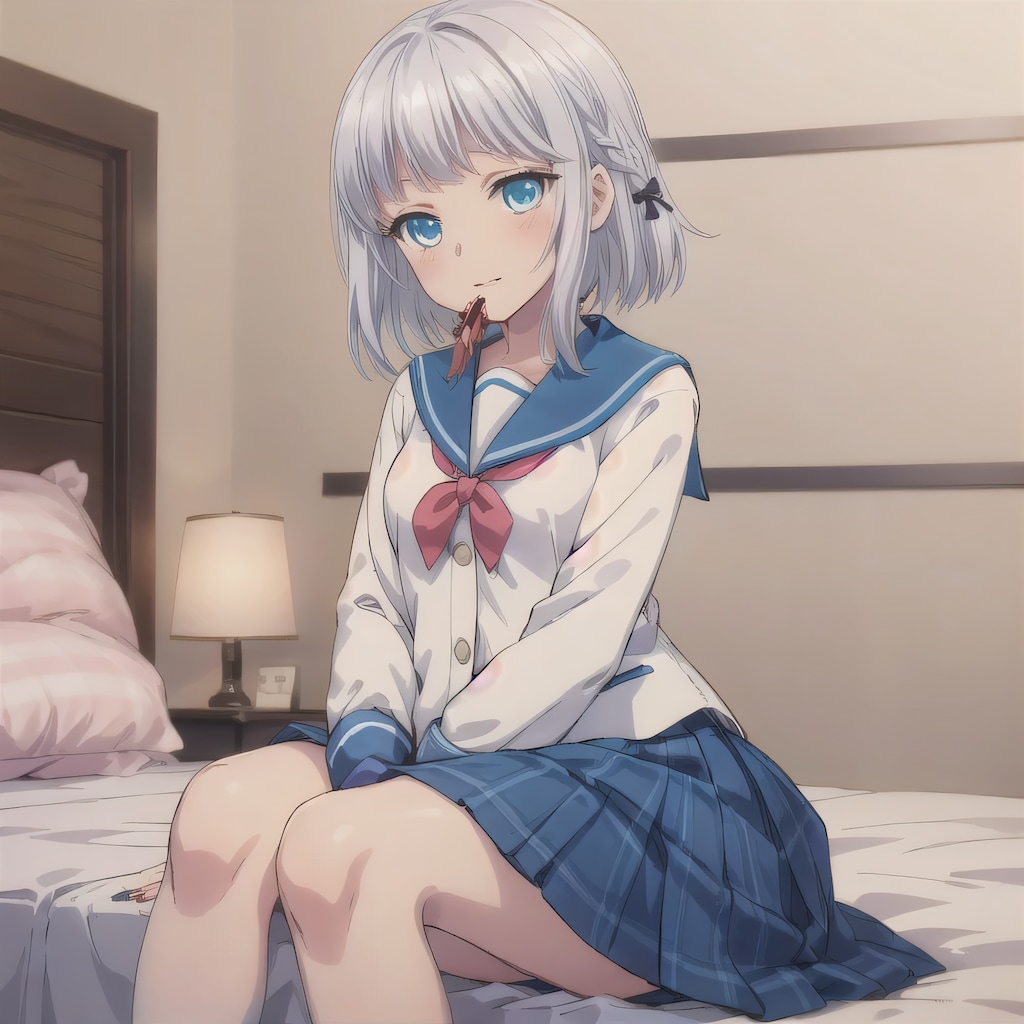 銀髪ボブで寝室の少女２