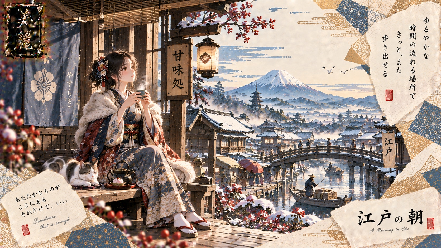A Morning in Edo — Tea with a View of Fuji  Sometimes, that is enough.  On a quiet winter morning in | の人気AIイラスト・グラビア