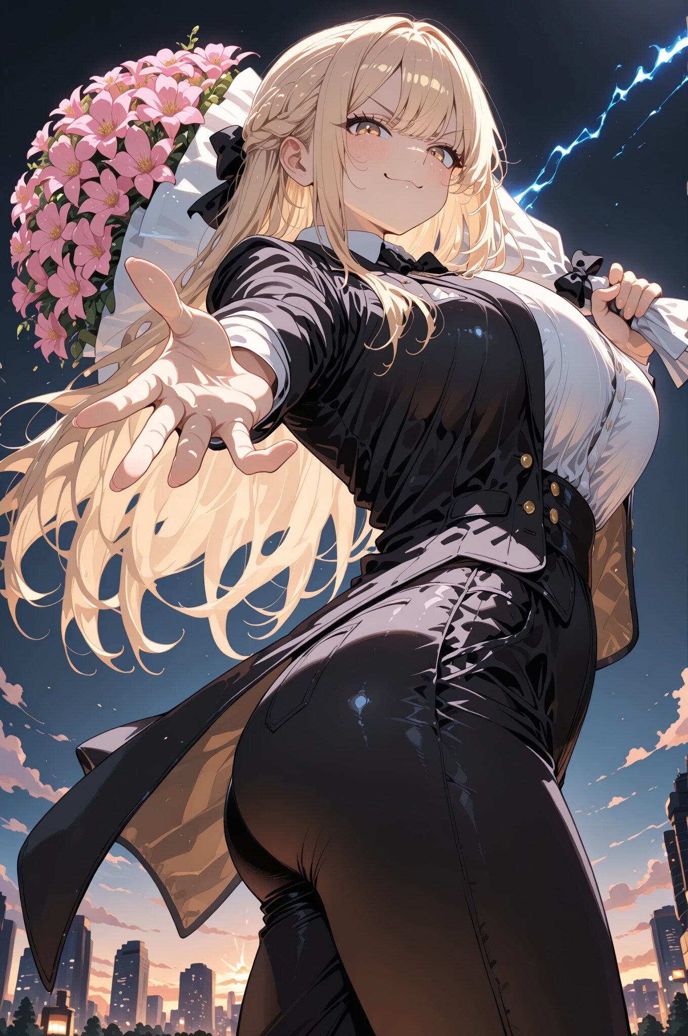 花束をかつぐ