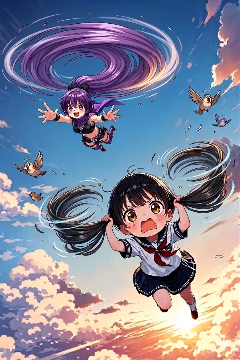 ツインテールで空が飛べるなら、ポニーテールでも飛べるに違いない！ | の人気AIイラスト・グラビア