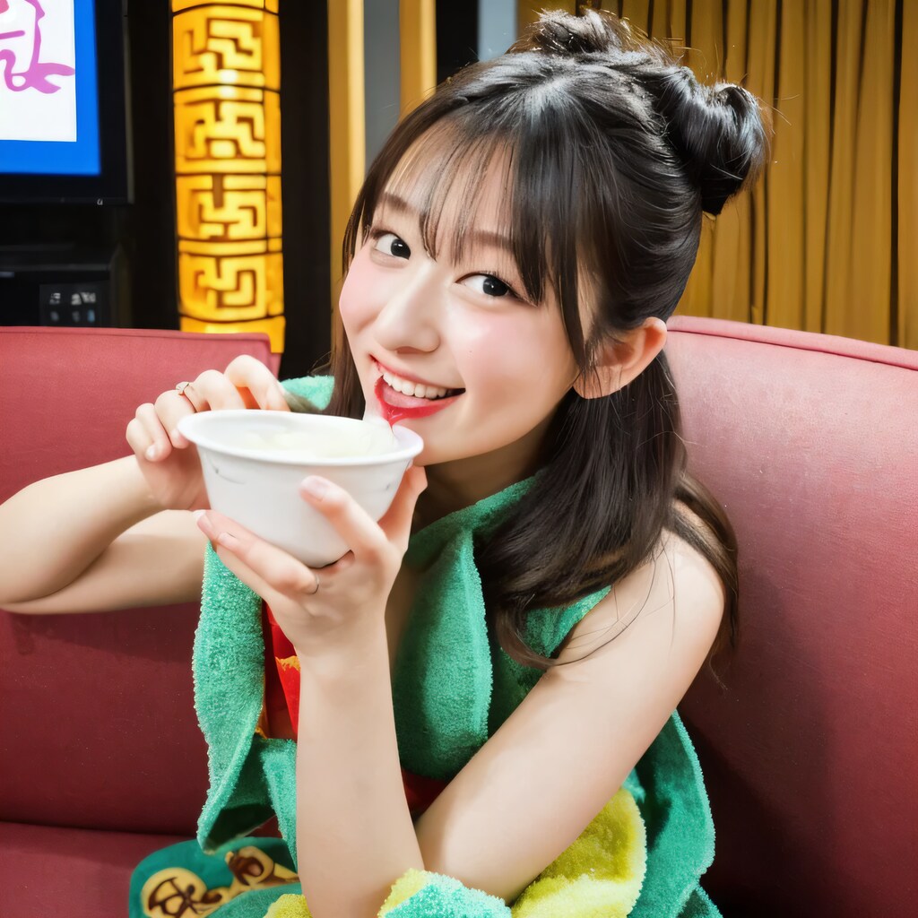 黒髪ツイン団子でカラオケの美女