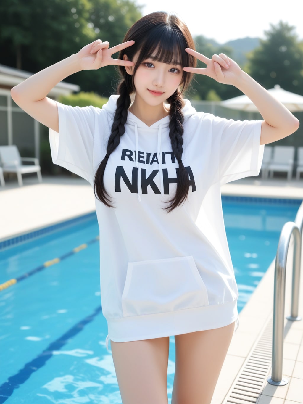 プールサイドでピース 今日の気分はこれで決まり〜！
