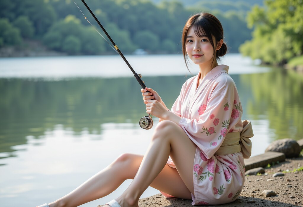 着物で魚釣り