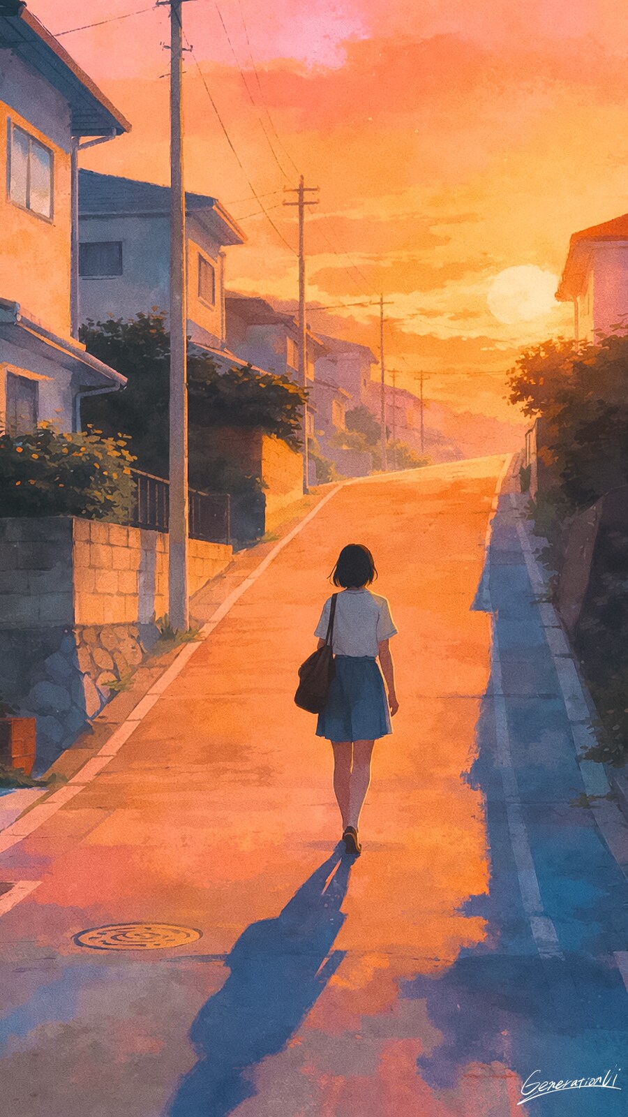 坂道の夕焼け帰り道／スマホ壁紙アーカイブ