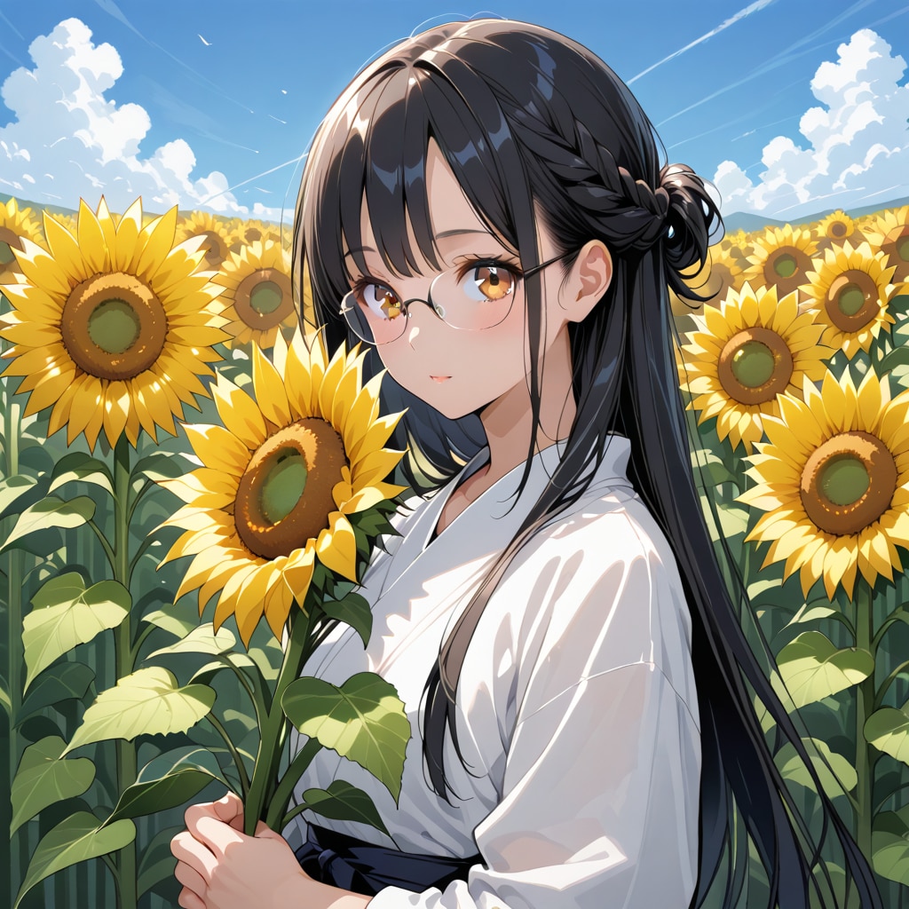 黒髪メガネとひまわり畑