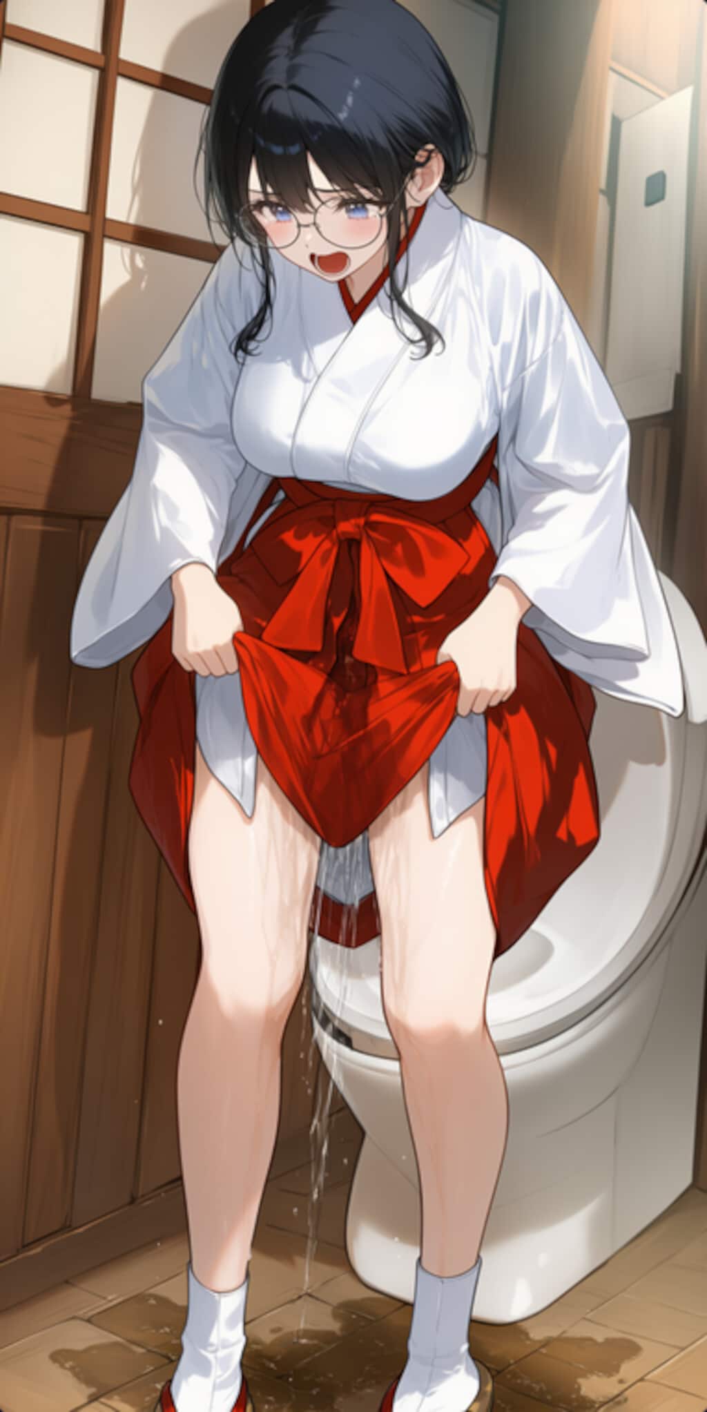 メガネ巫女さん　おトイレ失敗