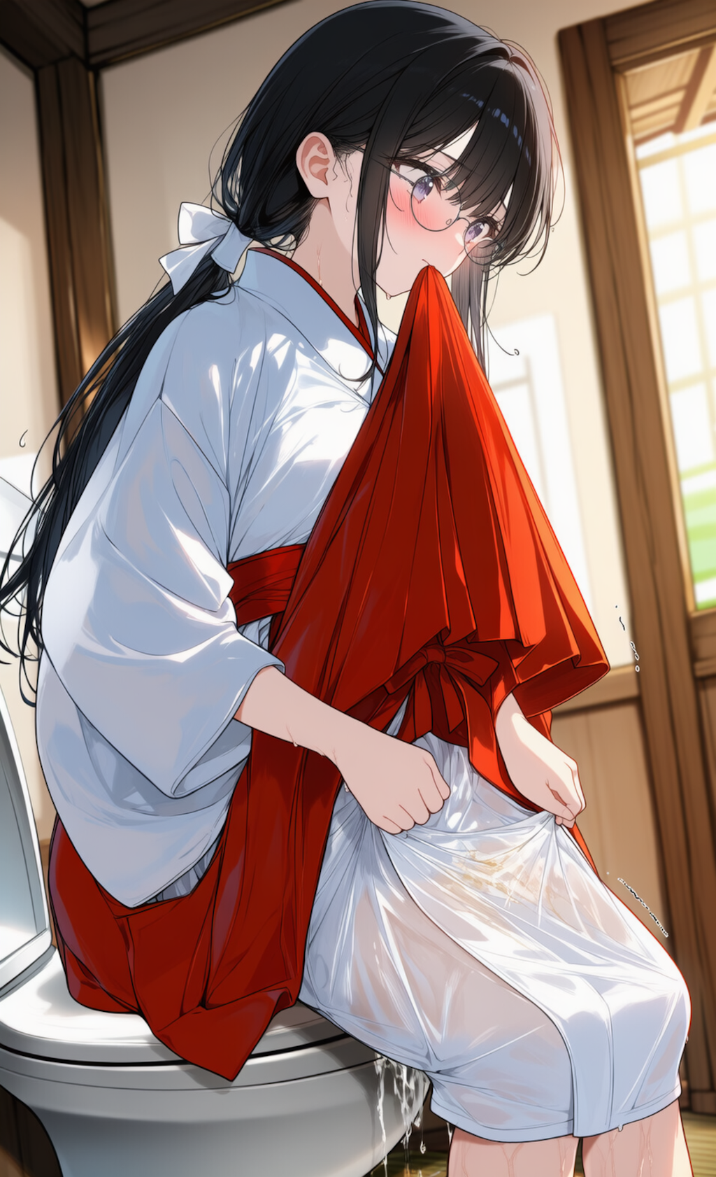 メガネ巫女さん　おトイレ失敗