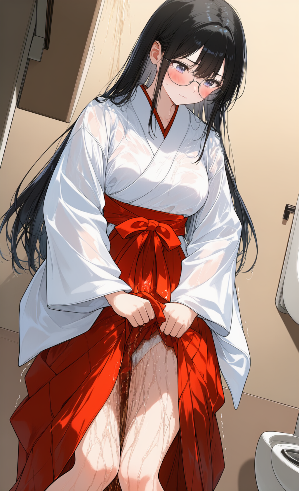 メガネ巫女さん　おトイレ失敗
