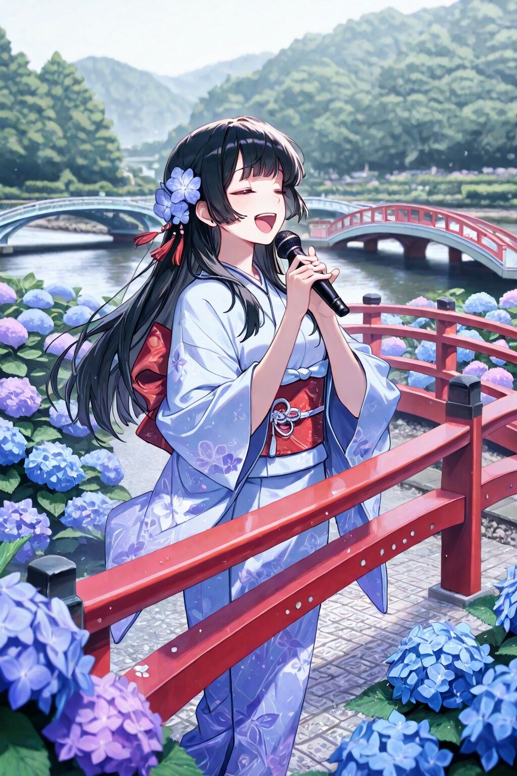 あじさい橋で歌う新人演歌歌手🪻👘🎵❤️