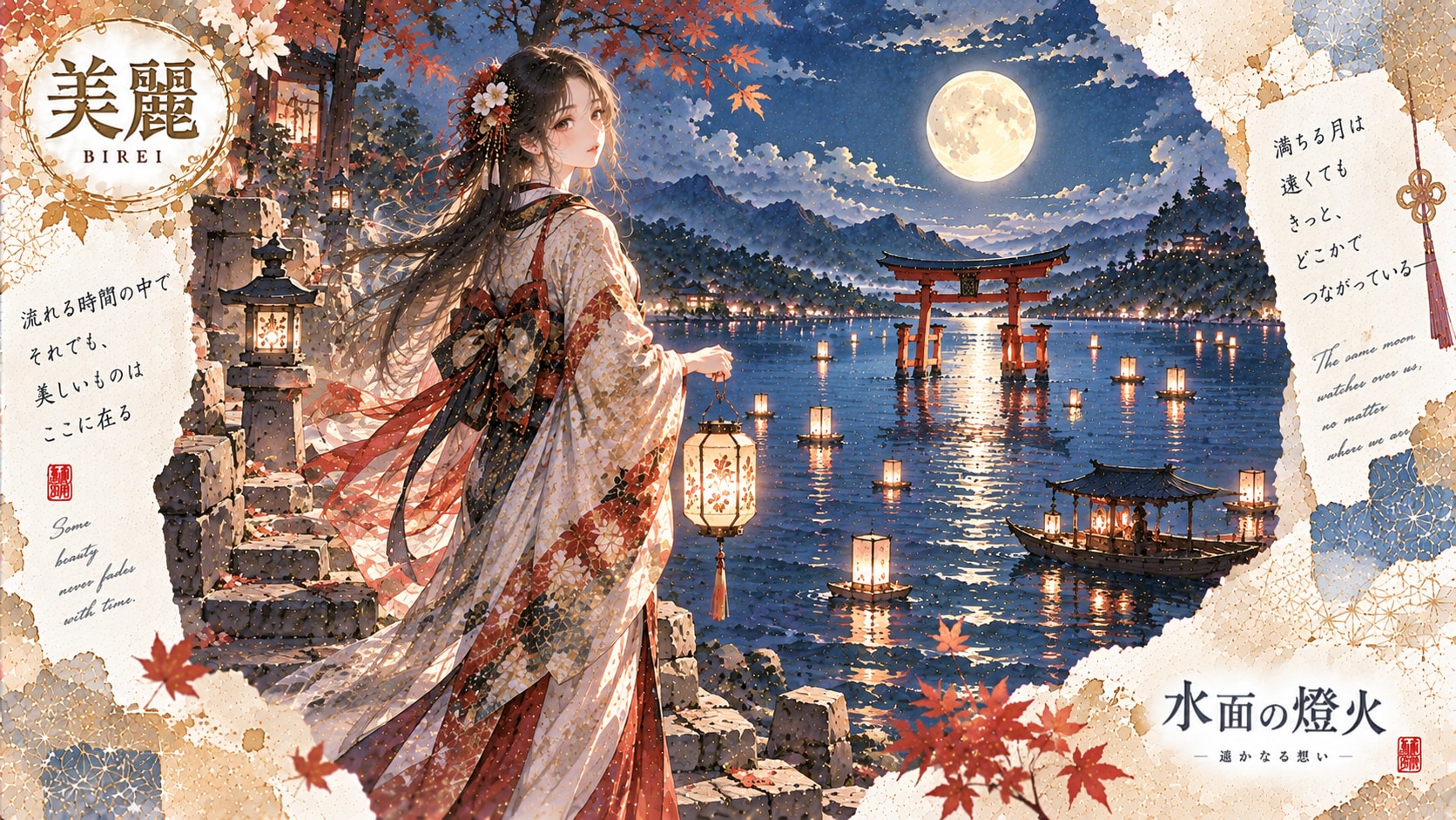 Lanterns on the Water — Longing Across the Night  Some beauty never fades with time.  Standing upon | の人気AIイラスト・グラビア
