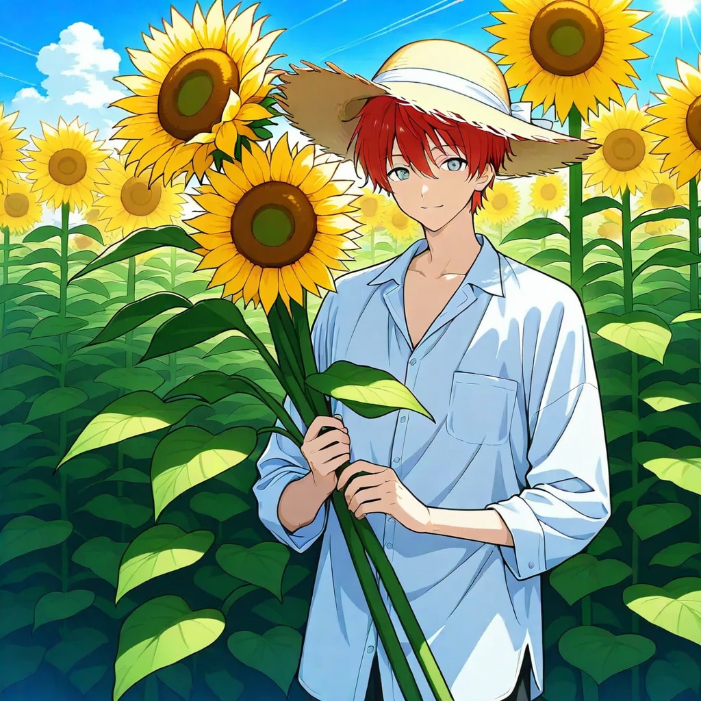 赤髪麦わら帽子少年、ひまわりと共に