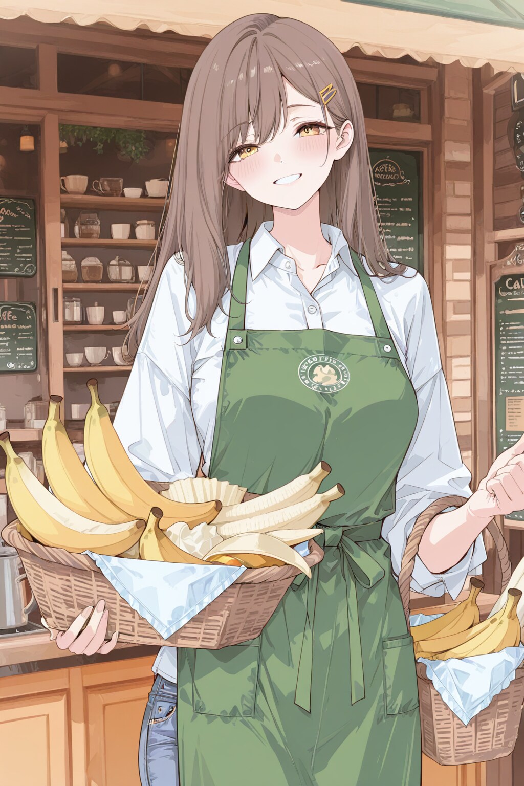 店長ぉ～！ほらほら、バナナだよぉ！お店の灼熱菜園で今年初めて採れたんです(≧▽≦*) | の人気AIイラスト・グラビア