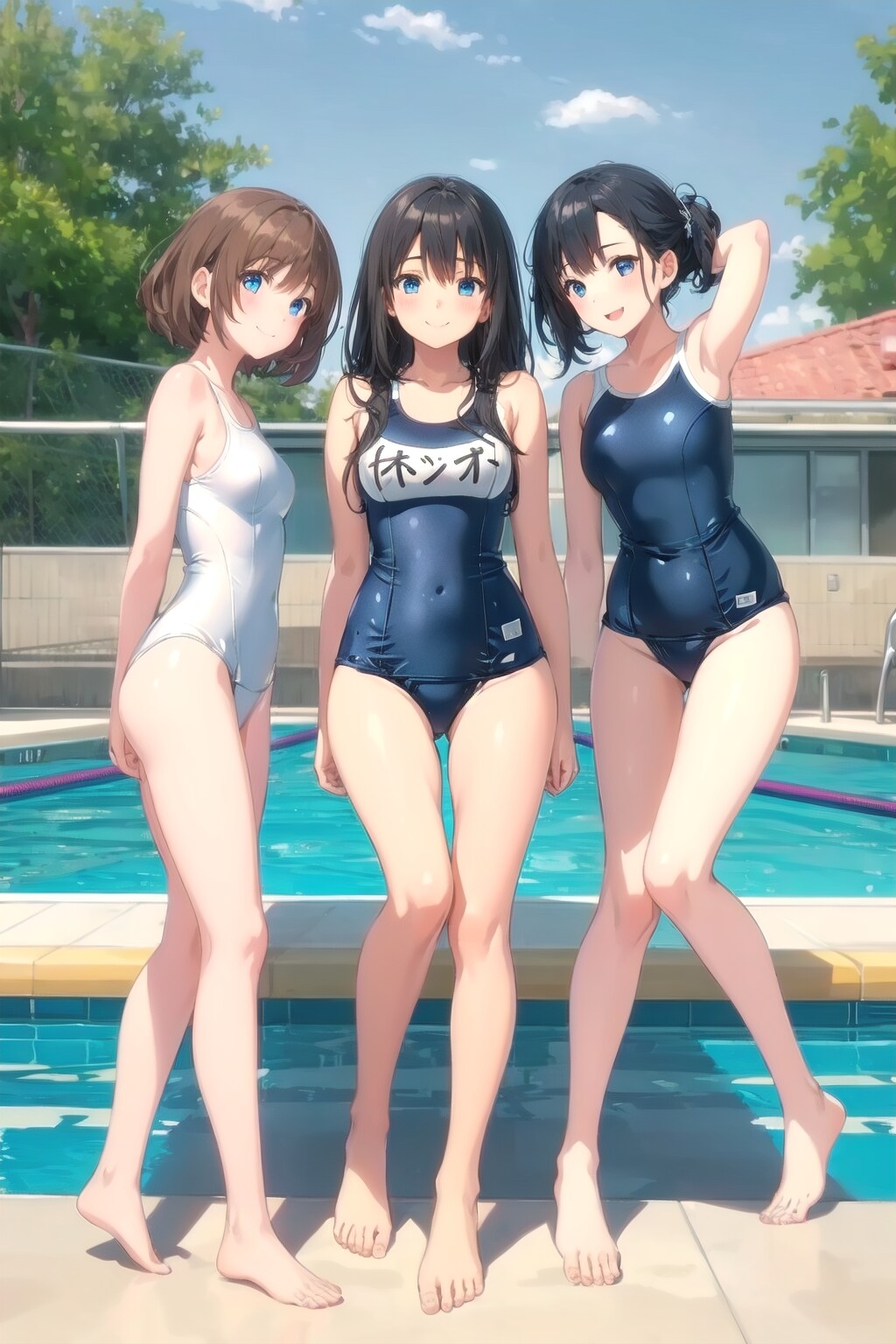 3 girls in school swimsuit