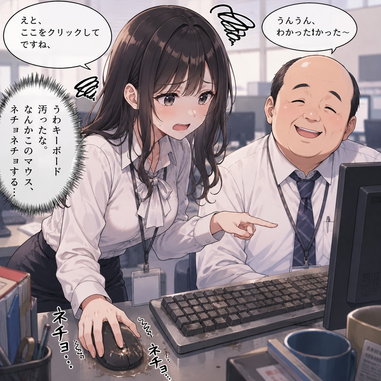 おじさんに仕事を教える会社員ちゃん