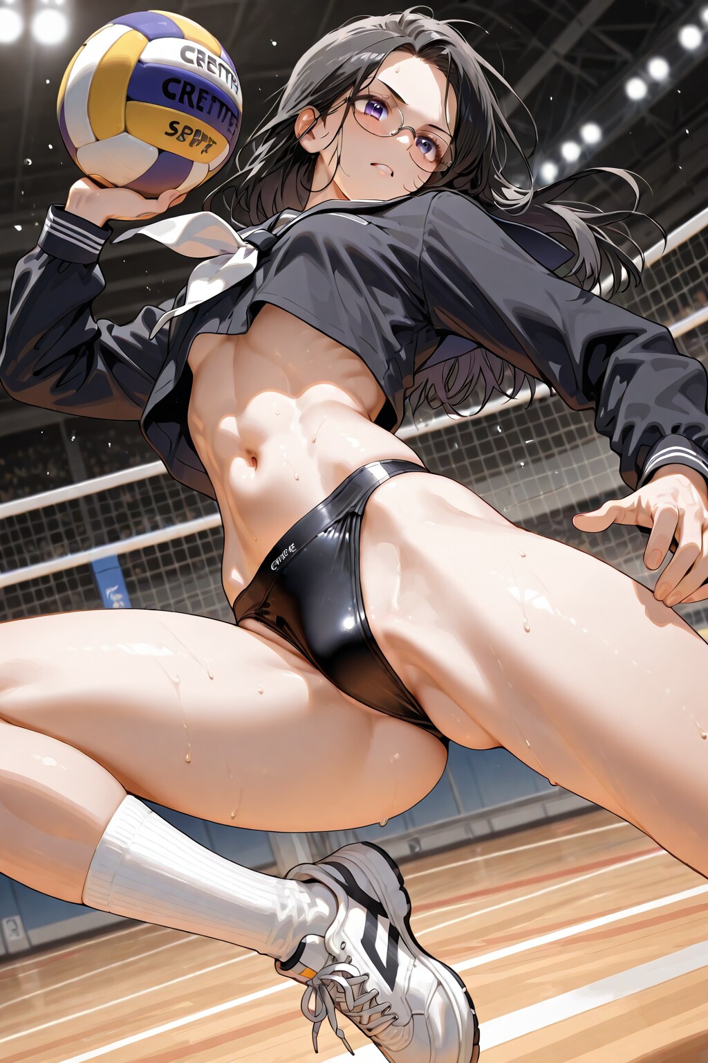 セーラー服美女のへそ出し海水パンツバレーボール