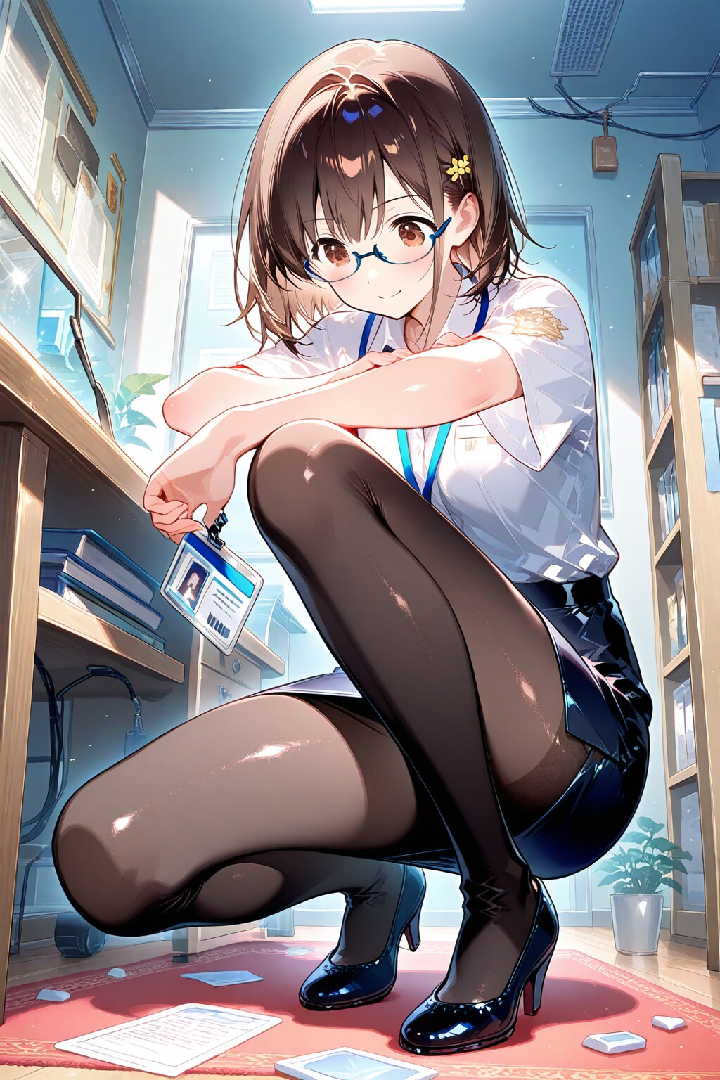 タイトスカートでしゃがむ