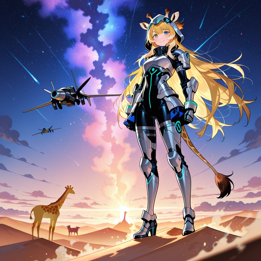 冒険が始まりそうな黄昏時の砂漠とキリンフーディーメカ娘ちゃんと黒猫ちびメカちゃんたち