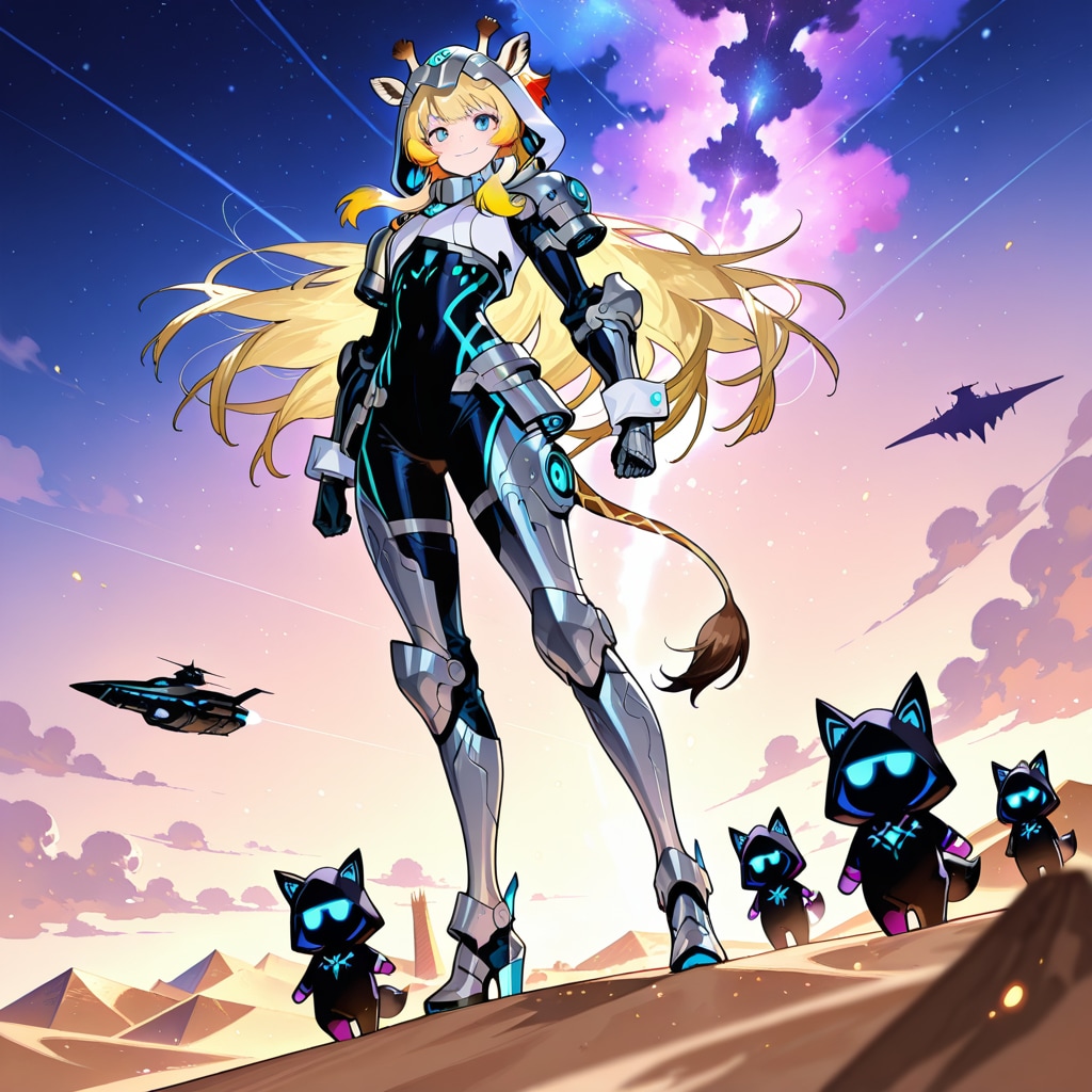 冒険が始まりそうな黄昏時の砂漠とキリンフーディーメカ娘ちゃんと黒猫ちびメカちゃんたち | の人気AIイラスト・グラビア