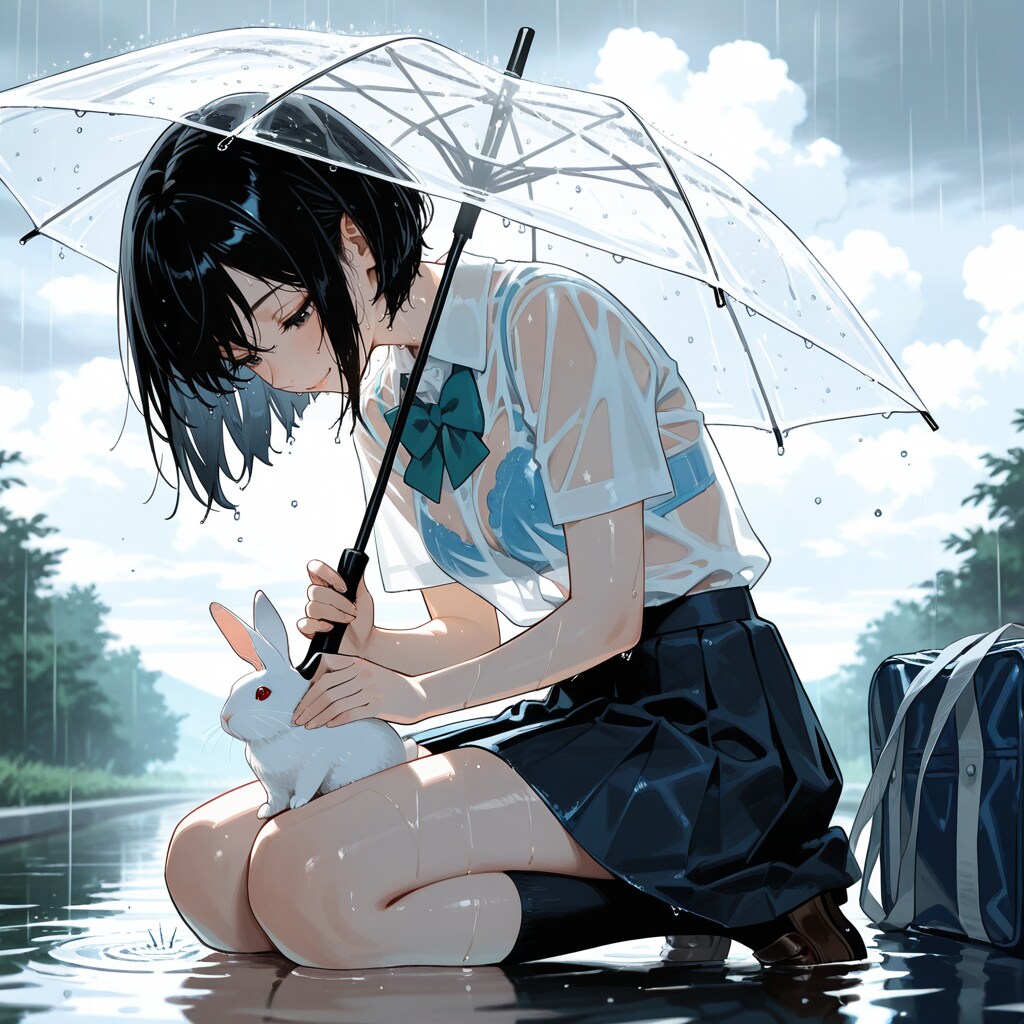 ビニール傘で雨宿り