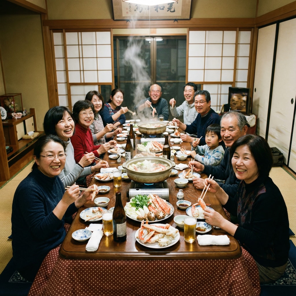 炬燵のある居間で、大家族カニ鍋夕食会！