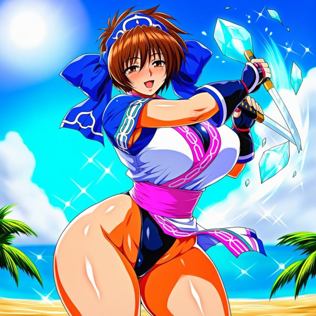 氷剣でスイカ割りする水着コスプレ氷属性大自然人妻