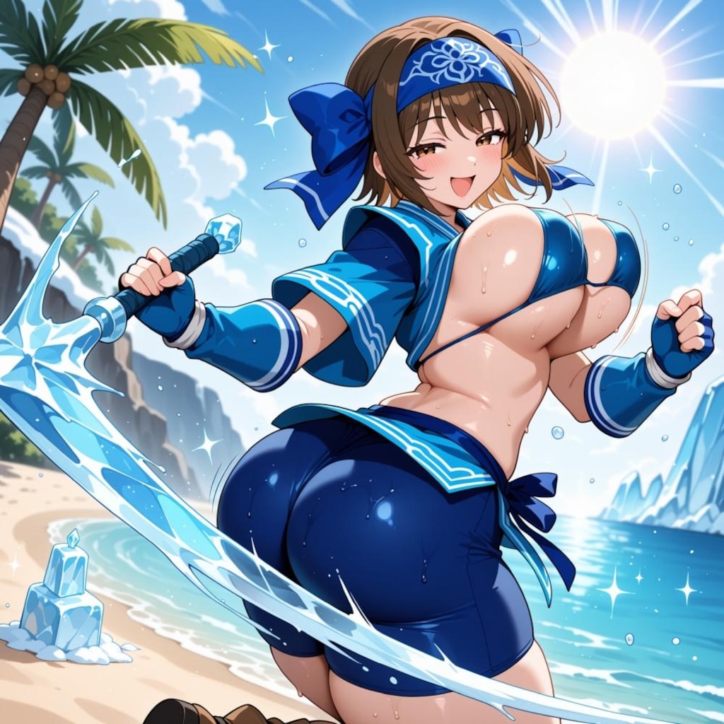 氷剣でスイカ割りする水着コスプレ氷属性大自然人妻