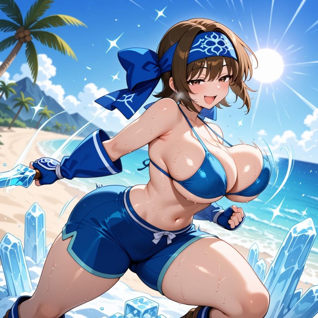 氷剣でスイカ割りする水着コスプレ氷属性大自然人妻