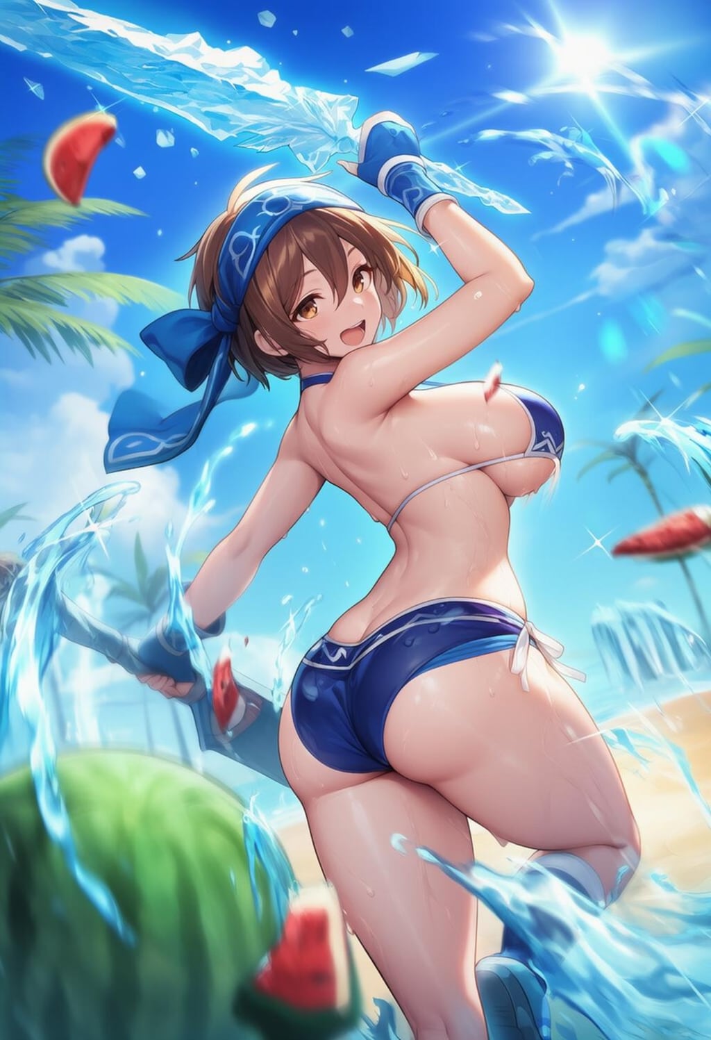 氷剣でスイカ割りする水着コスプレ氷属性大自然人妻