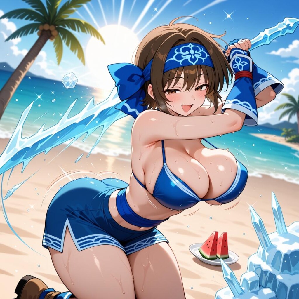 氷剣でスイカ割りする水着コスプレ氷属性大自然人妻