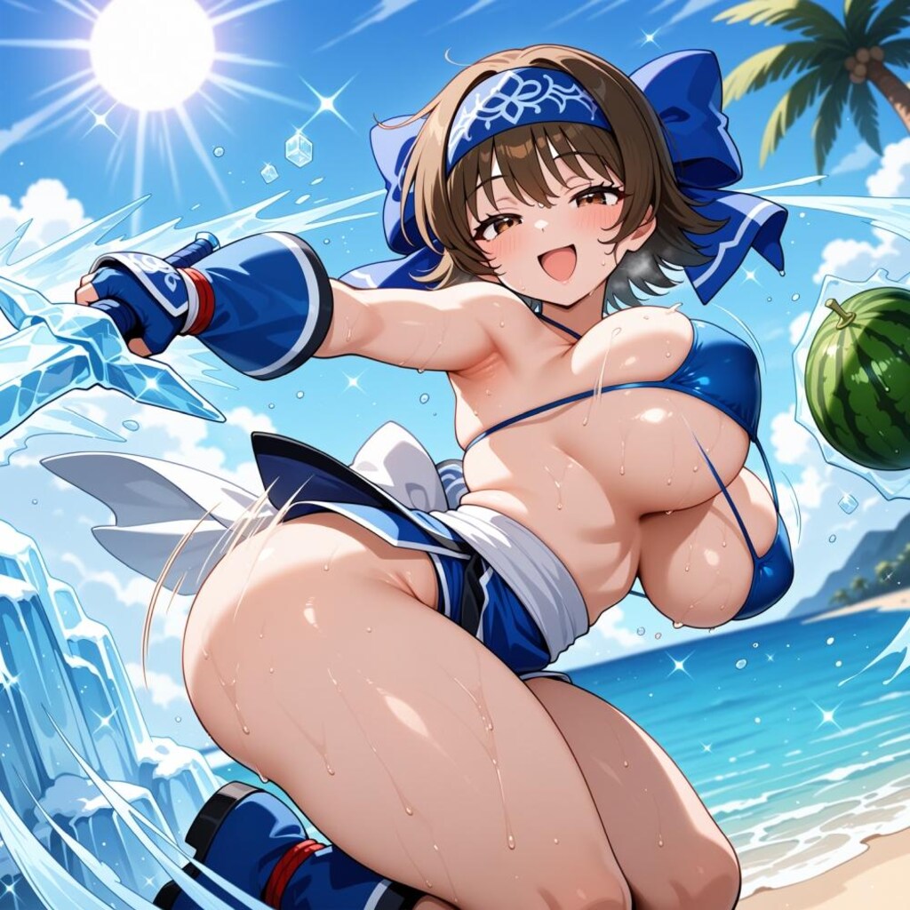 氷剣でスイカ割りする水着コスプレ氷属性大自然人妻