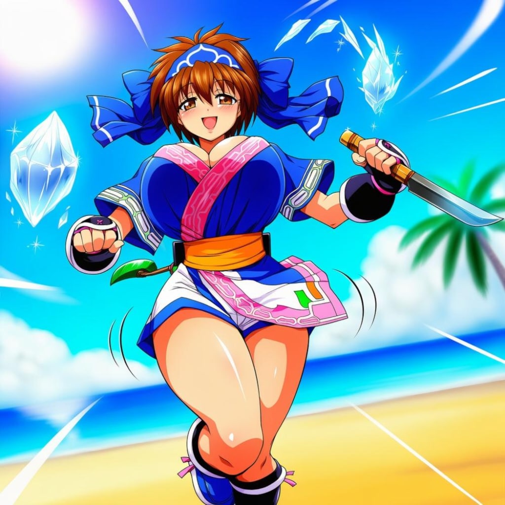 氷剣でスイカ割りする水着コスプレ氷属性大自然人妻